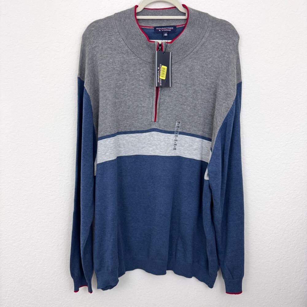 Roundtree & Yorke Mens Quarter Zip Knit Sweater Size 3XB Classic Denim Heather